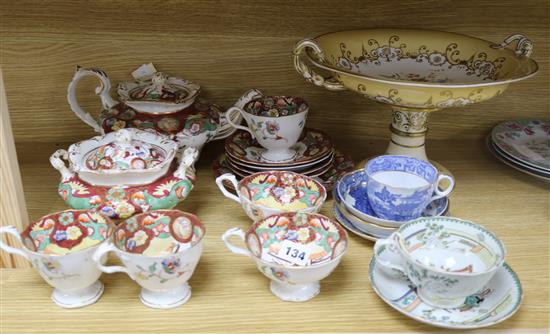 An English porcelain compact, a similar part tea set and a Masons cup and saucer